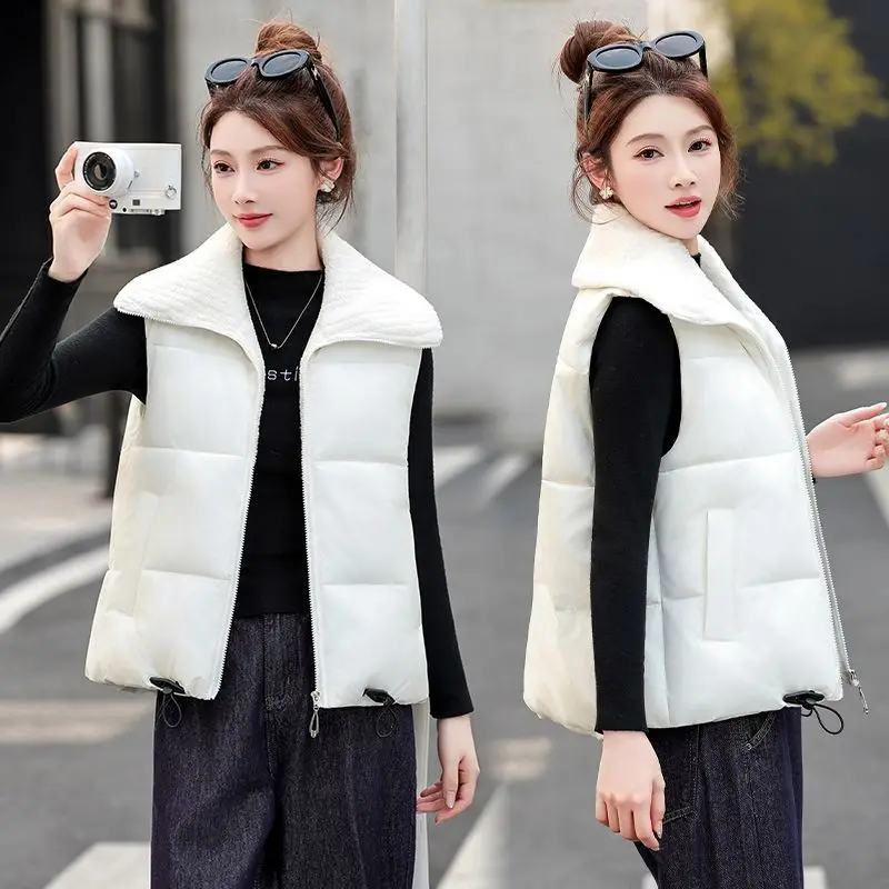 

Короткий женский жилет, новый толстый жилет с лацканами из овечьей шерсти, зима 2025 г., свободная куртка без рукавов с хлопковой подкладкой, жилет, женская верхняя одежда, топы