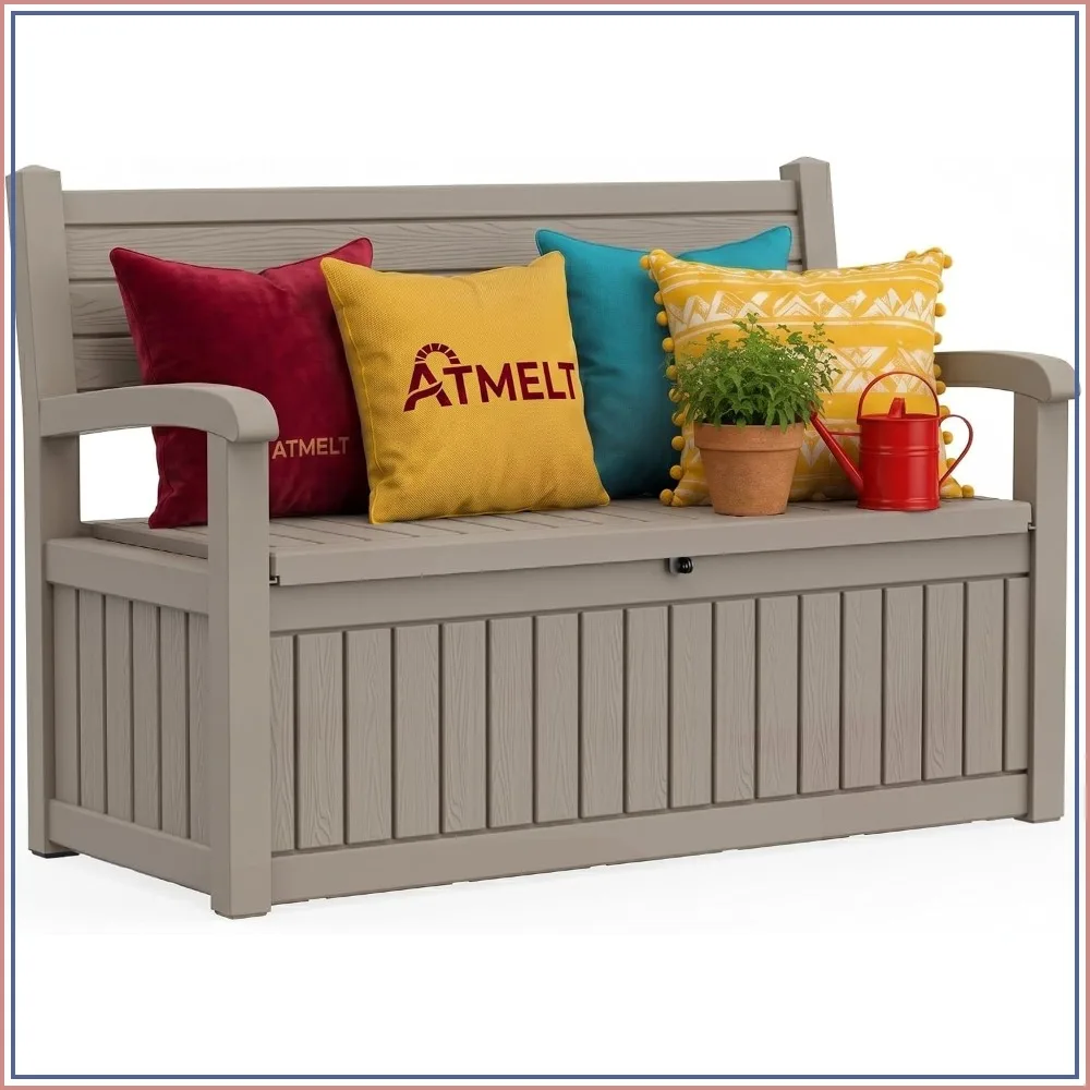 Outdoor Storage Bench for Patio Garden, Resin Plastic Seat with Hinged Lid