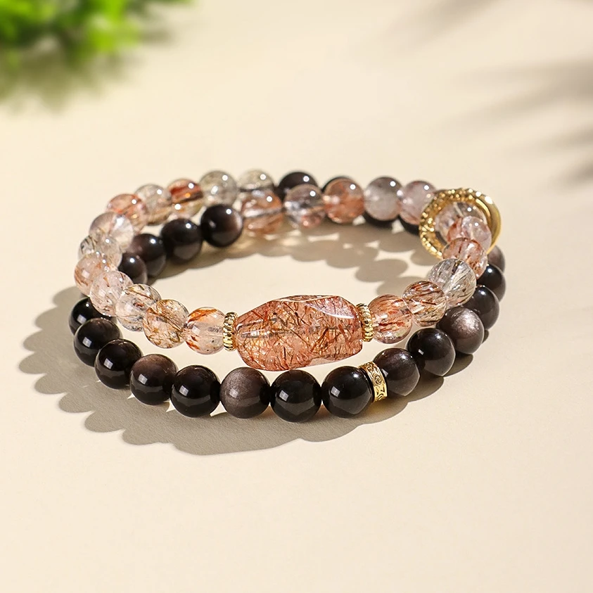 

Vintage Irregular Charm 6/8MM Black Gold Super Seven Crystal&Silver Obsidian Double Strand Beaded Stretch Bracelet Women 1438