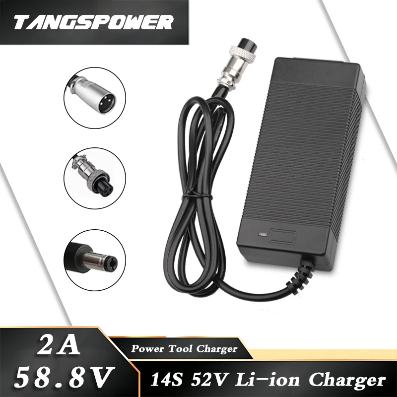 58.8V 2A Li-ion Battery Charger 14S 52V 2A Charger Lithium Battery Pack Charger Fast Charging 3P XLR-DC-GX16 Connectors