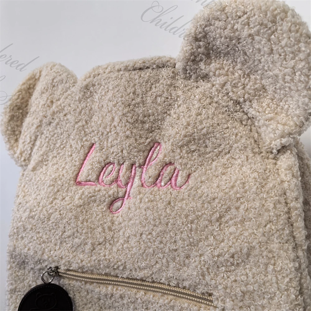 Toddler Backpack Pink\\Beige Bag Personalized Name Lightweight Plush Bear Bag Children\'s Custom Name Outdoor Snack Plush Backpack