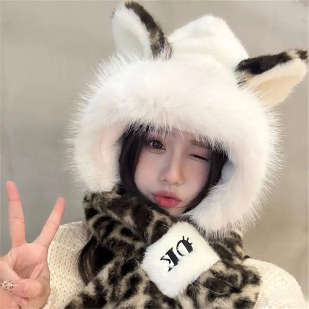 Practical 2 in 1 Hooded Scarf Set Thick Warm Lining Leopard Print Fox Ear Hat Scarf Faux Fur Kawaii Winter Scarf Winter Outdoor