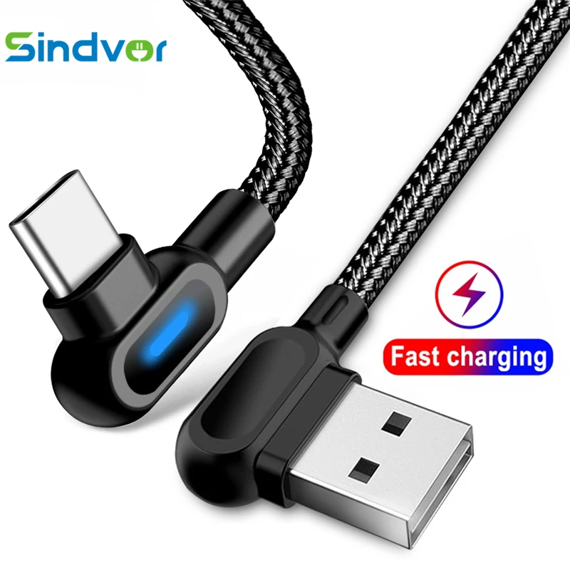 Sindvor USB Type C Cable Fast Charging Data Cord For Huawei Samsung 90 Degree Right Angle Mobile Phone Quick Charge Micro Cables