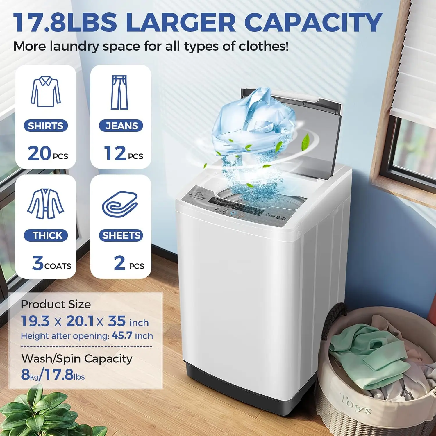 Nictemaw Portable Washing Machine 17.8Lbs Portable Washer Machine with Drain Pump, 2.8 Cu.ft Compact Washer with 10 Programs 8