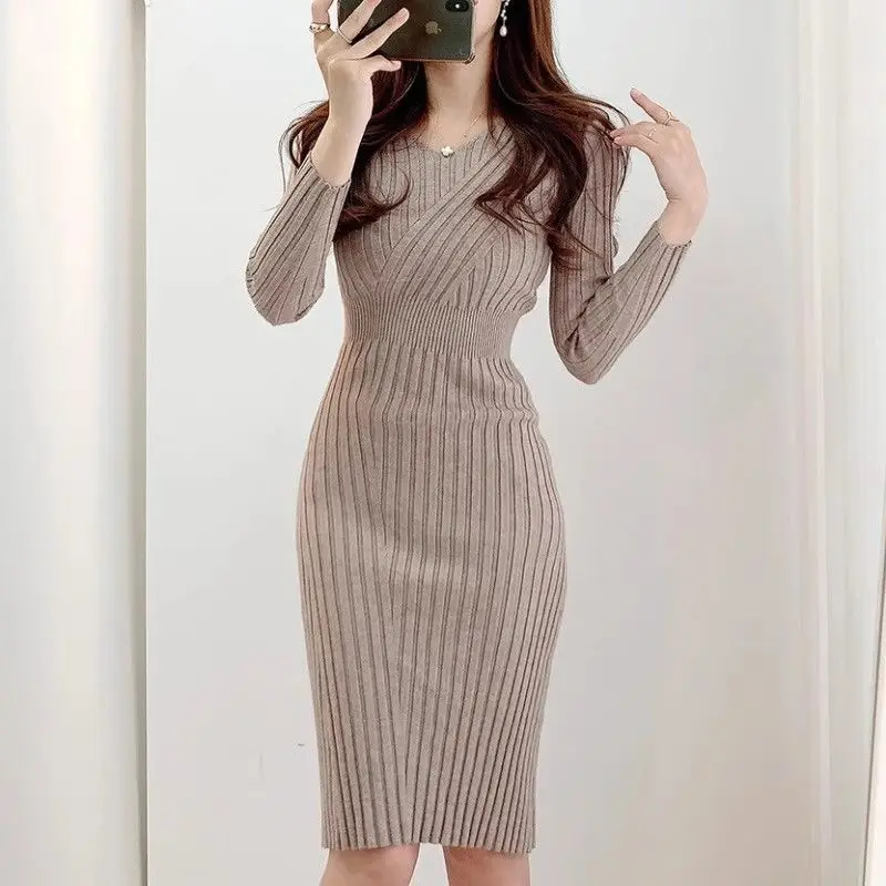 Korean Style Autumn New Vintage Chic Trendyol V-Neck Corset Design Bodycon Hip-Covering Long Sleeve Knitted Elastic Midi Dress