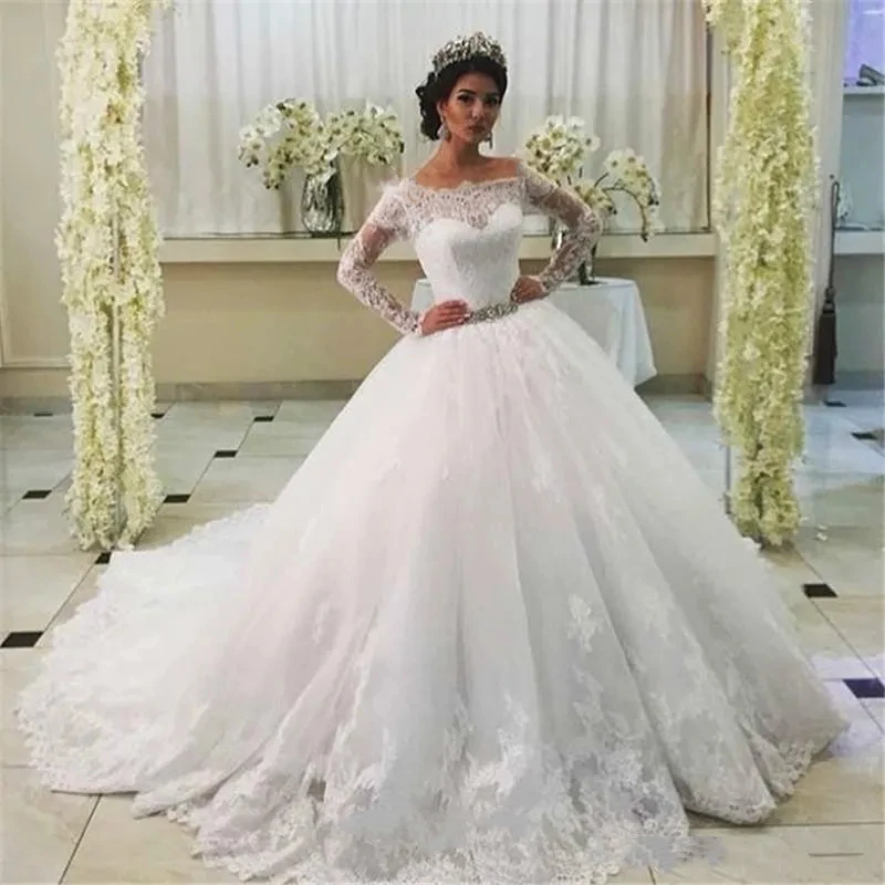 Vestido de novia de princesa de manga larga para novia, traje elegante de tul con cuello barco y apliques de encaje, línea A, 2024