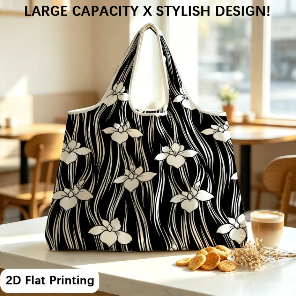 Black White Flower Wavy Stylish Chic Portable multifunctional shoulder tote, foldable for easy storage.