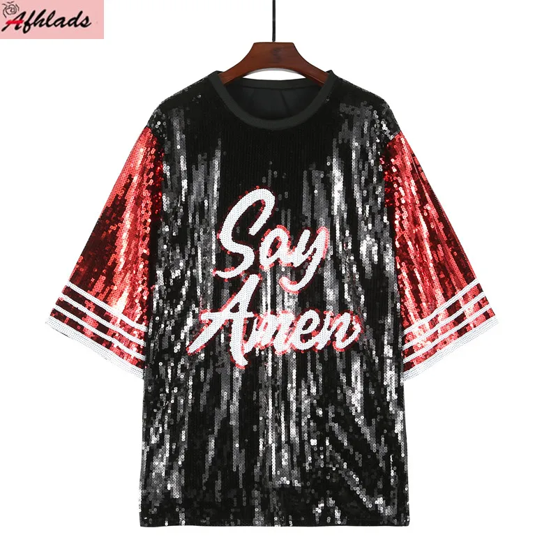 

Summer Night Club Letter Sequins Hip Hop Short Sleeve Striped Patchwork Round Neck Straight Streetwear Women's T-Shirt