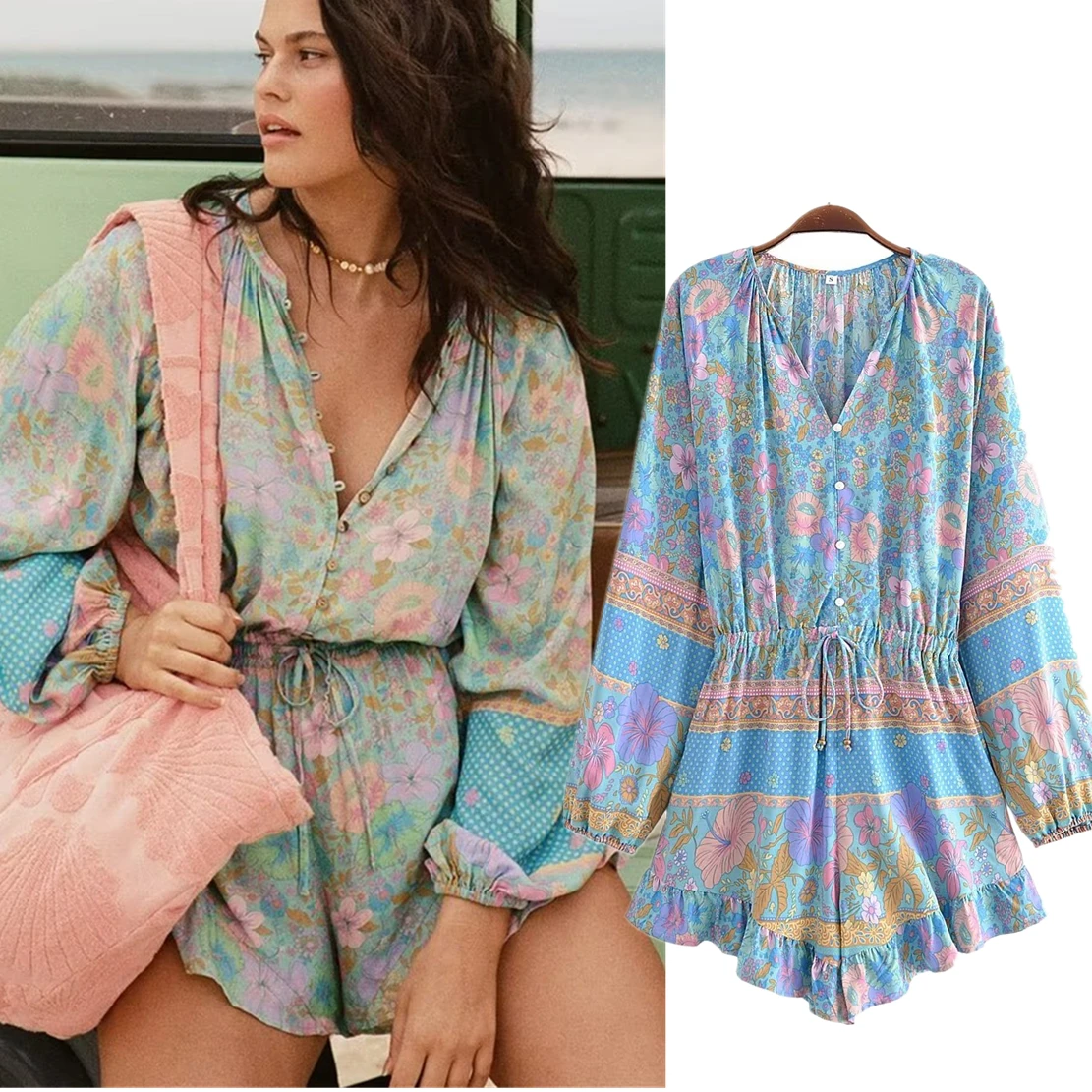 

Jenny&Dave Indie Folk Cotton V-neck Ruffles Collect Wasit Cotton Floral Printing Bohemian Style Playsuits Women Rompers