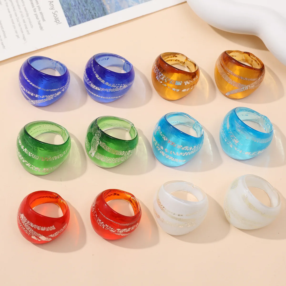 New Handmade Murano Glass Finger Rings--Silver Lines 6Colors