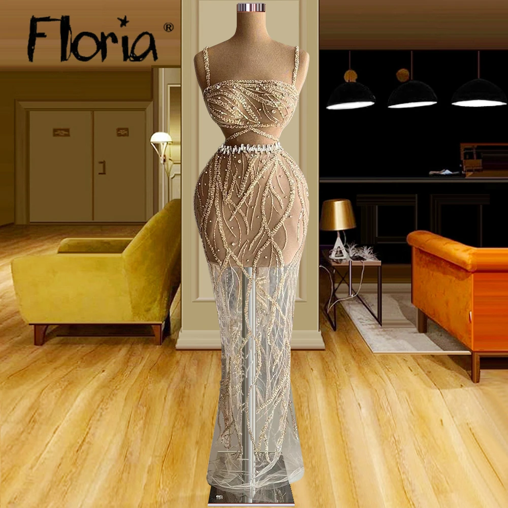 

Sexy Sexy Spaghetti Straps Mesh Illusion Sequins Beaded Bright Prom Dress Birthday Party Night Gowns See Through Champagne Dress