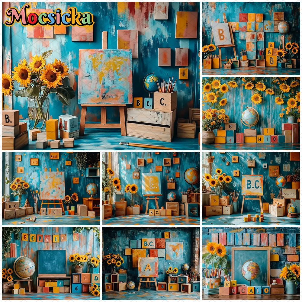 

Mocsicka Baby Art Painting Photography Backdrop Sunflower Globe Colorful Graffiti Decor School Student Children Photo Background