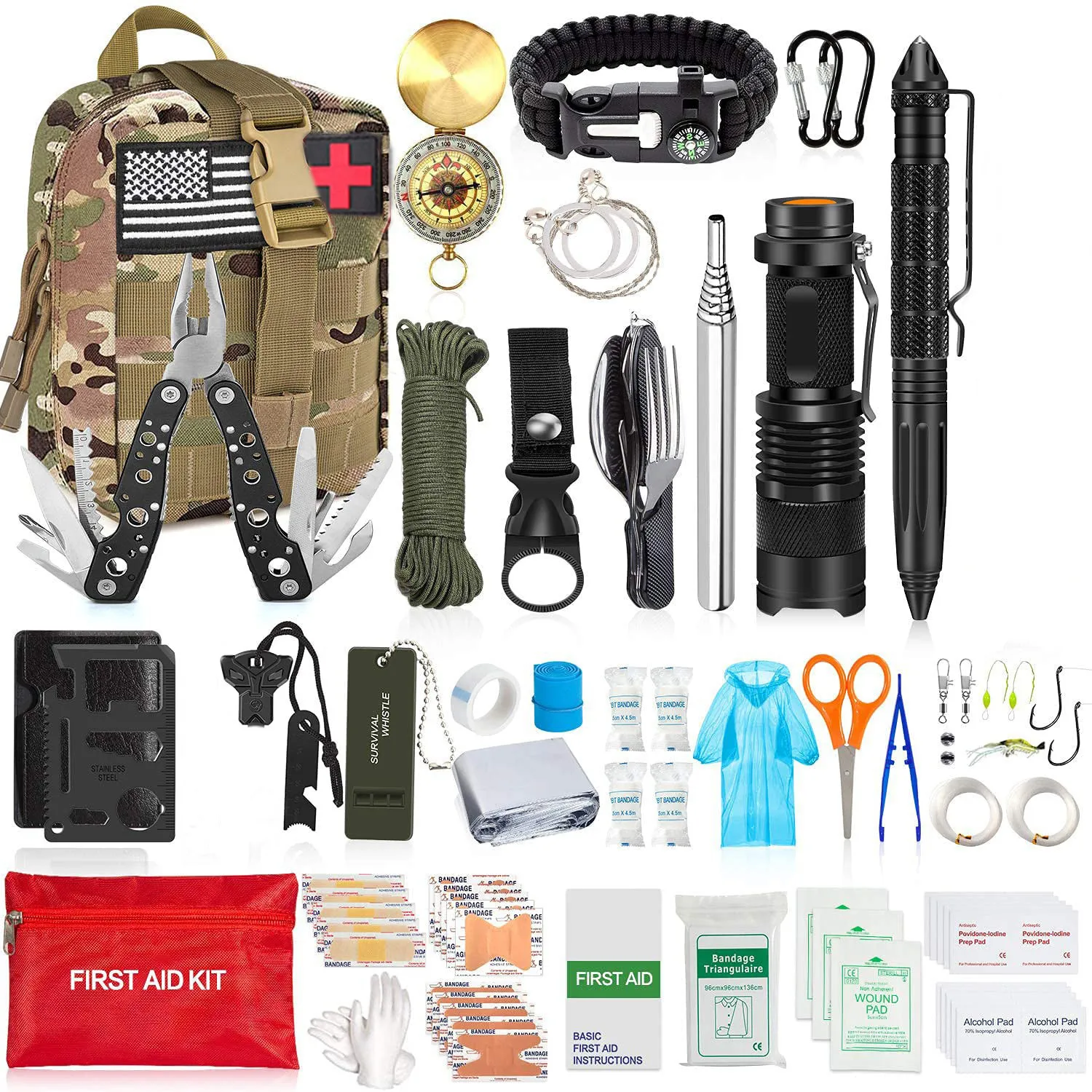 

Survival Kit Set 124Pcs Emergency Molle Pouch Bag Gift For Men Professional Outdoor Surviving Fishing Camping Hunting Kits