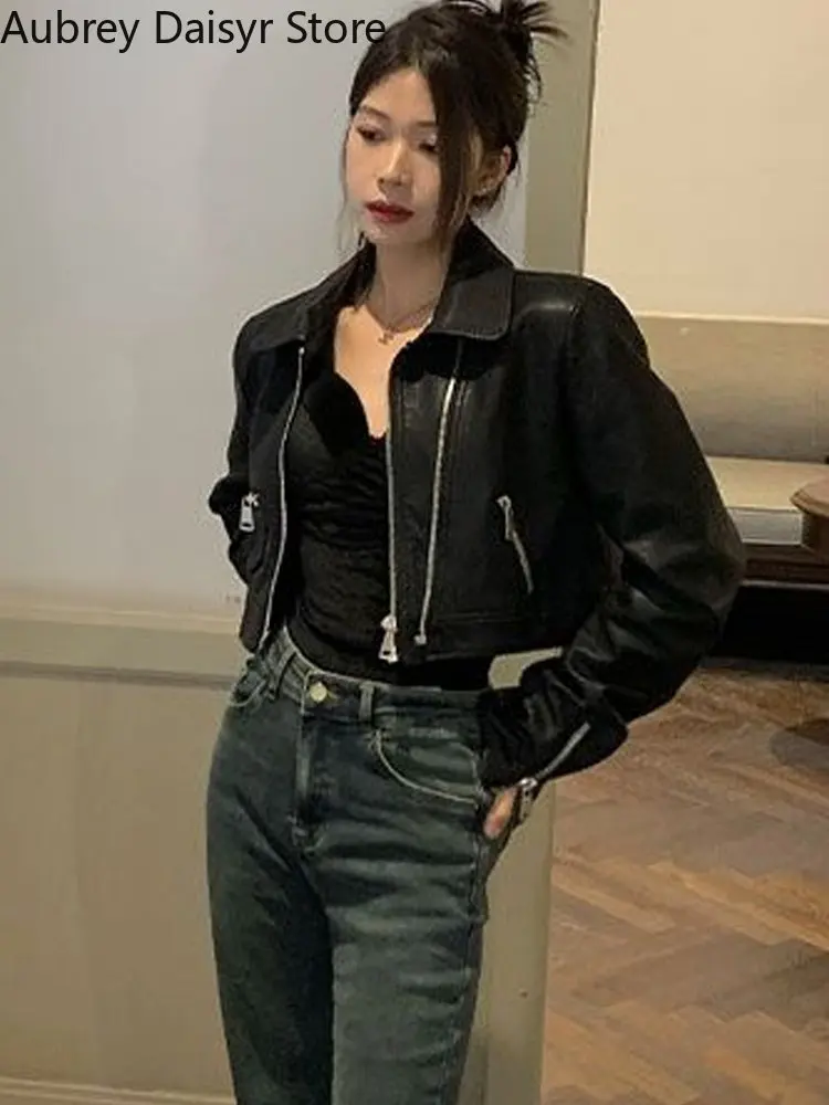 Punk Black Cropped Leather Jacket Women Streetwear Zipper Moto Leather Jacket High Street Vintage Soft Faux Leather Coats 2023