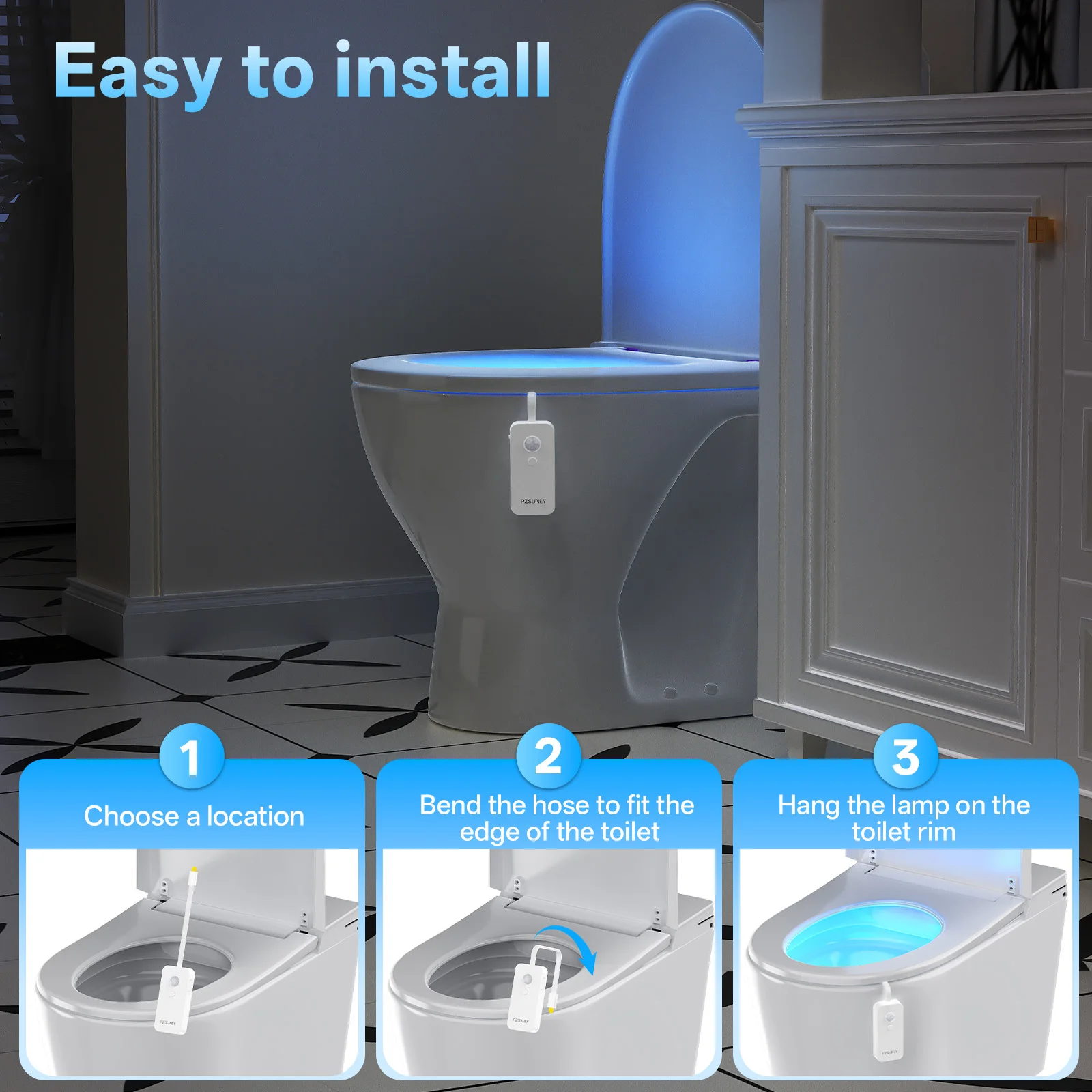 Bild 9: PZSUNLY Bewegungssensor LED Toiletten-Nachtlicht USB Wiederaufladbar 16 RGB IP65 Wasserdicht Biegbares Badezimmer-Ambientlicht Toilettenlampe für Ältere Kinder Familiengeschenk