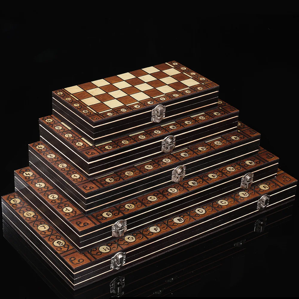 44/39/34/29/24CM Manufacturer Direct Sales Wooden Chess 3-In-1 Set Portable Foldable Puzzle Competitive Board Game Toy