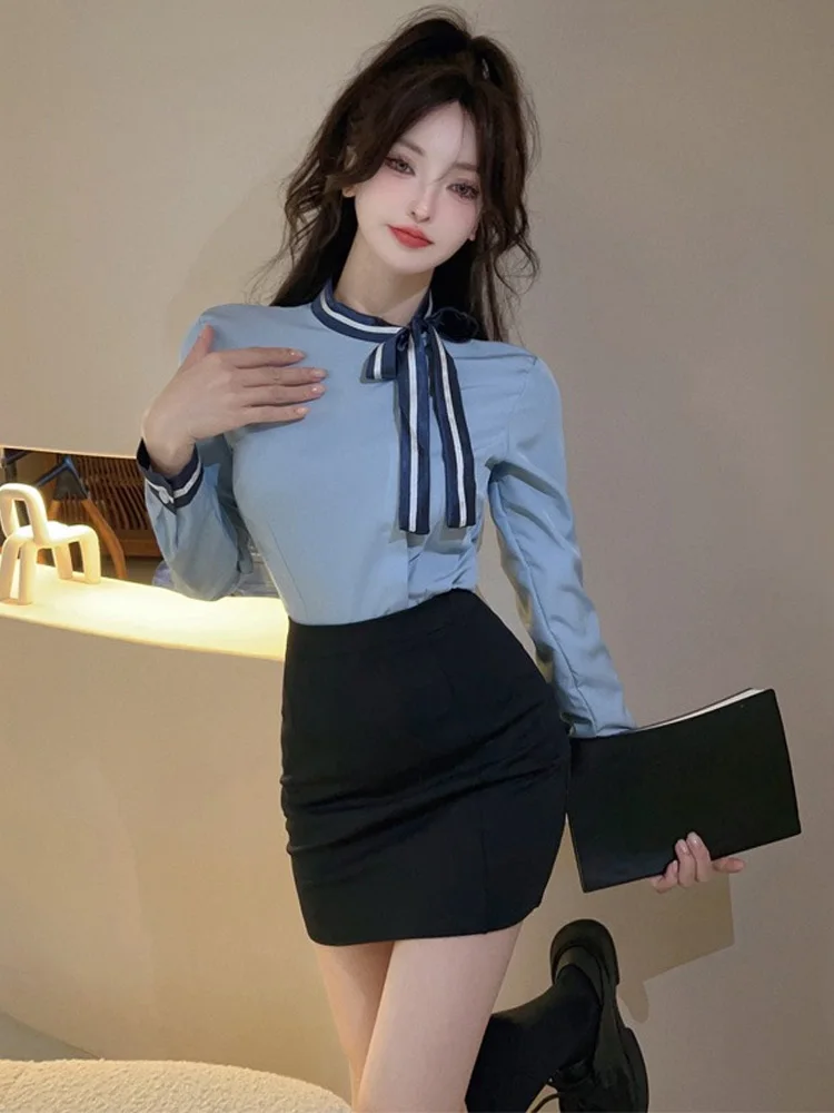 Gracious Home Long Sleeve Shirt And High Waist Short Skirt Two Piece Set Hotel Work Uniform Slimming Design Age Reducing Trend