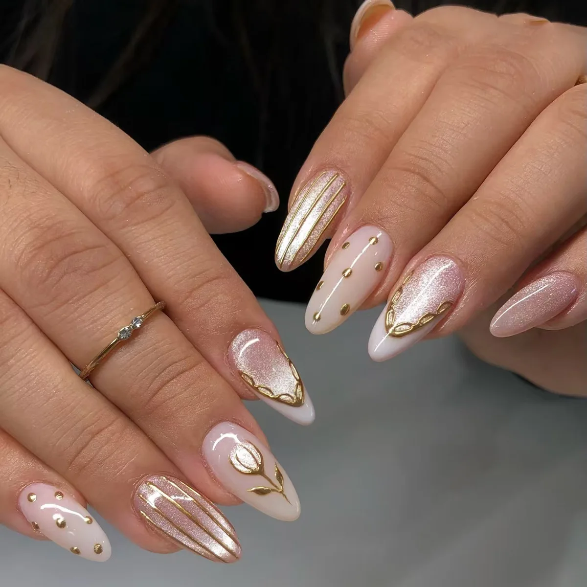 24pcs/30pcs/set Medium long 3D fake nails flowers golden foil bow rhinestones pink white leopard nail tips press on false nails image 6