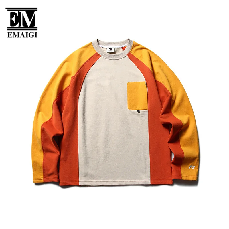 

Splice Color Long Sleeve Sweatshirt Men Japanese Streetwear Cityboy Fashion Loose Casual Pullover Sweatshirt Hoodie for Man