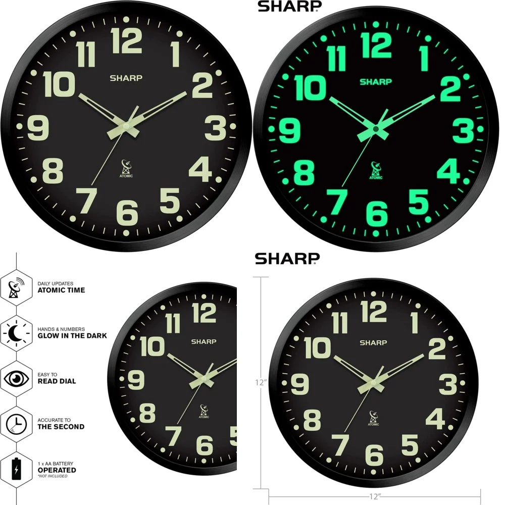 

Atomic Simulation Wall Clock 12 Inch Glow in the Dark Black Frame Modern Silent Quartz Clock for Home Office Decor