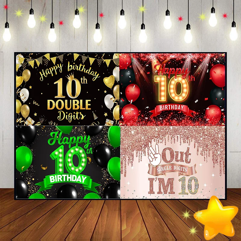 سعيد 10th عيد ميلاد خلفية حمراء الديكور الصبي الوليد التصوير الدعائم لعبة خلفية حزب كعكة الوقوف فتاة خمر راية