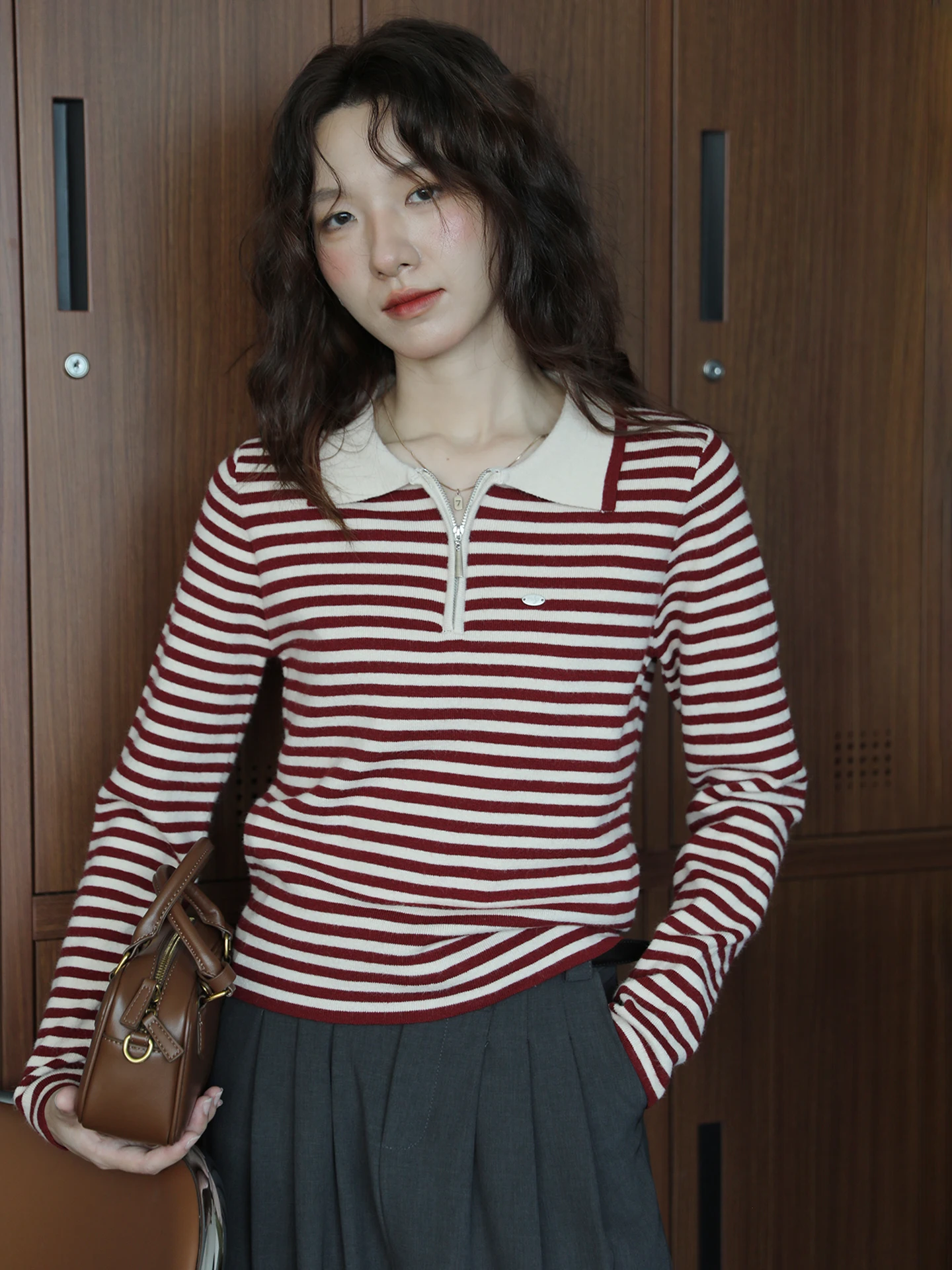 

Striped Long Sve Knitted Sweater Soft Loose Red Casual Classic Base Layer Design Sense Autumn Faion Women's Top