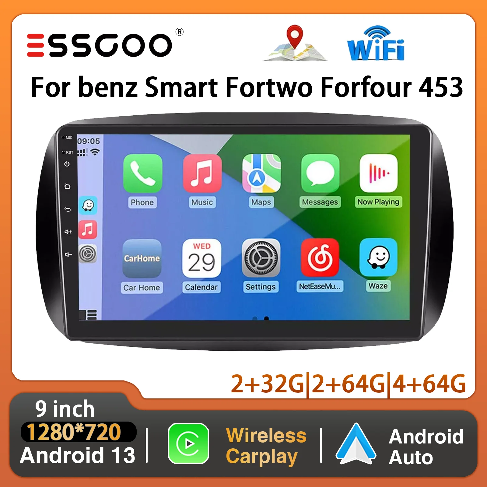 Essgoo 9inch 2 DIN For Mercedes Benz Smart Forfour Fortwo 453 Car Radio Android13 GPS Navi FM Wireless Carplay Multimdia Player