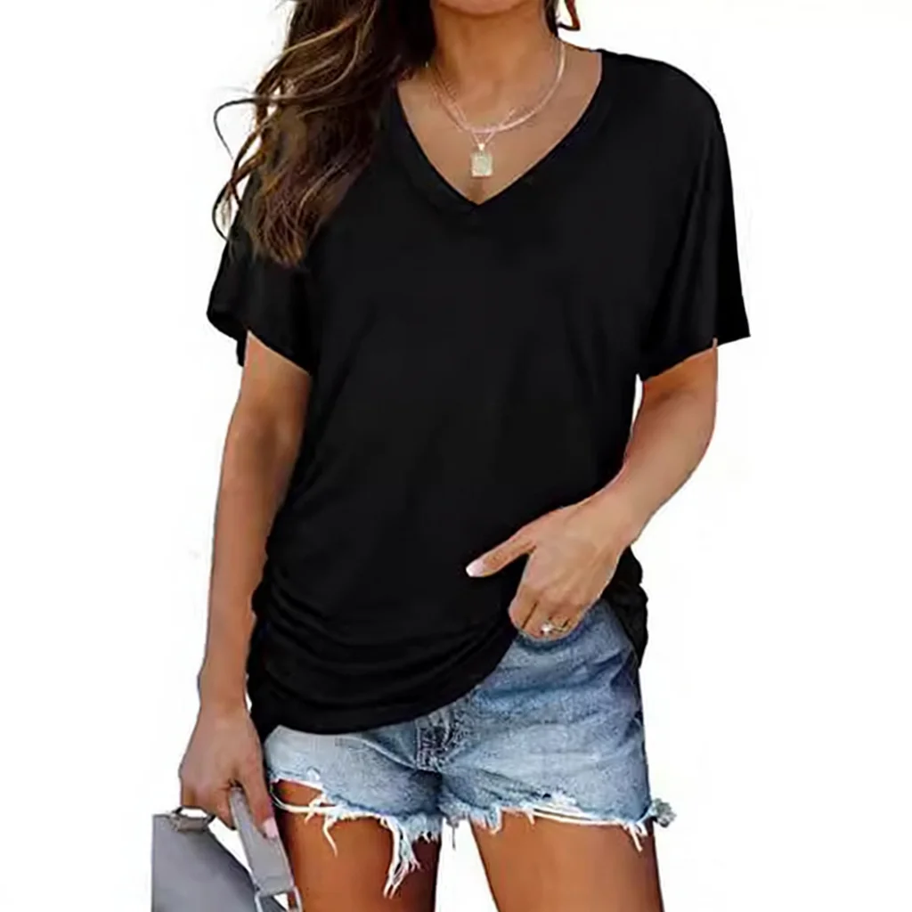 Women's New Pure Color Batwing Sleeve V-Neck Short Sleeve T-Shirt Side Gathered Cotton Commute Style Spring Seasonal Wear