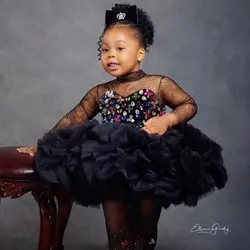 Crystal Black Girl Pageant Dress Flower Girls Dresses for Wedding Customized Kids Party Wear Baby Birthday Gowns for Photoshoot