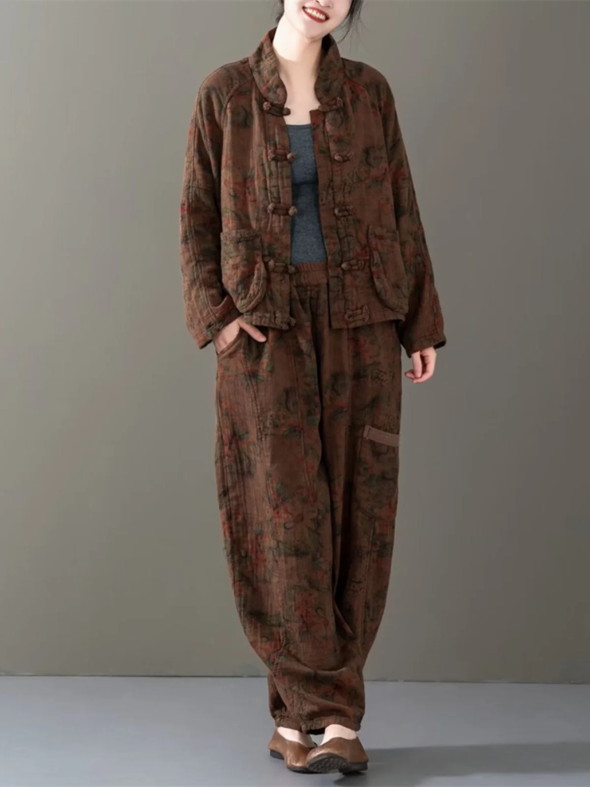 2024 Autumn Cotton Linen Printed Large Pocket Long Sleeved Jacket + Elastic Waist Pant Two Piece Set Women Outfit ZF291