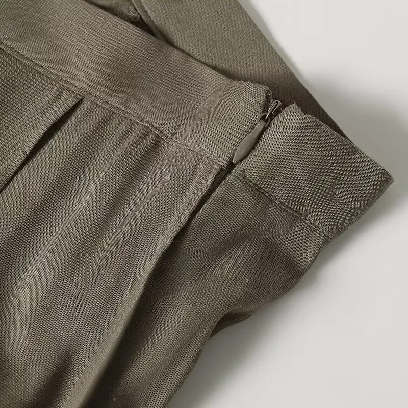 Dave&Di Fashion Office Ladies High Waist A-line Skirt Linen Viscose Blended Skirt Minimalist Army Green Pleated Skirt For Women