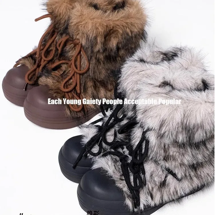 2024 Winter Snow Boots Women Ski Boots Luxury Fluffy Furry Fur Mid Claf Boots Female Lace Up Warm Plush Platform Cotton Boots