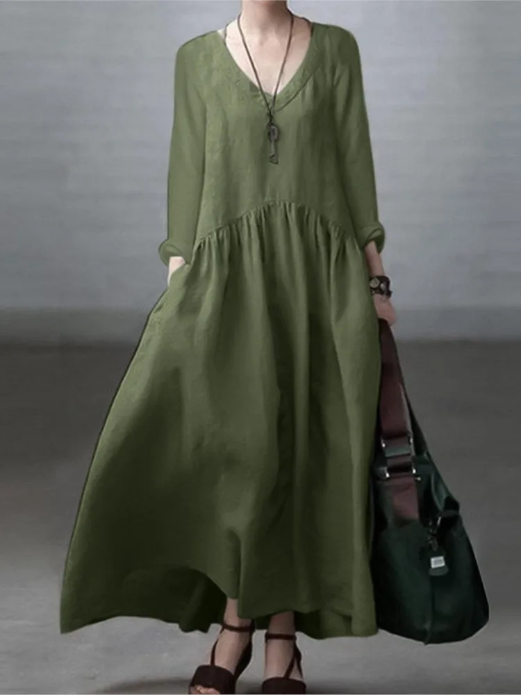 

Fashionable Long-sleeved V-neck Elegant Vest Dress 2026 Spring And Autumn Women's Casual Solid Color Loose Wide Hem Long Dress