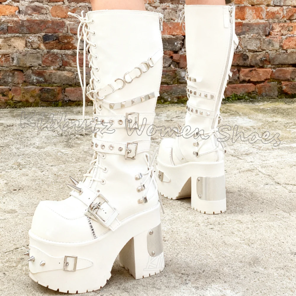 حذاء برقبة للركبة منصة المسامير الشرير الصخرة الجدة موضة موجزة مثير جولة تو صندل بكعب مكتنز النساء أحذية جلدية بلون جديد #6