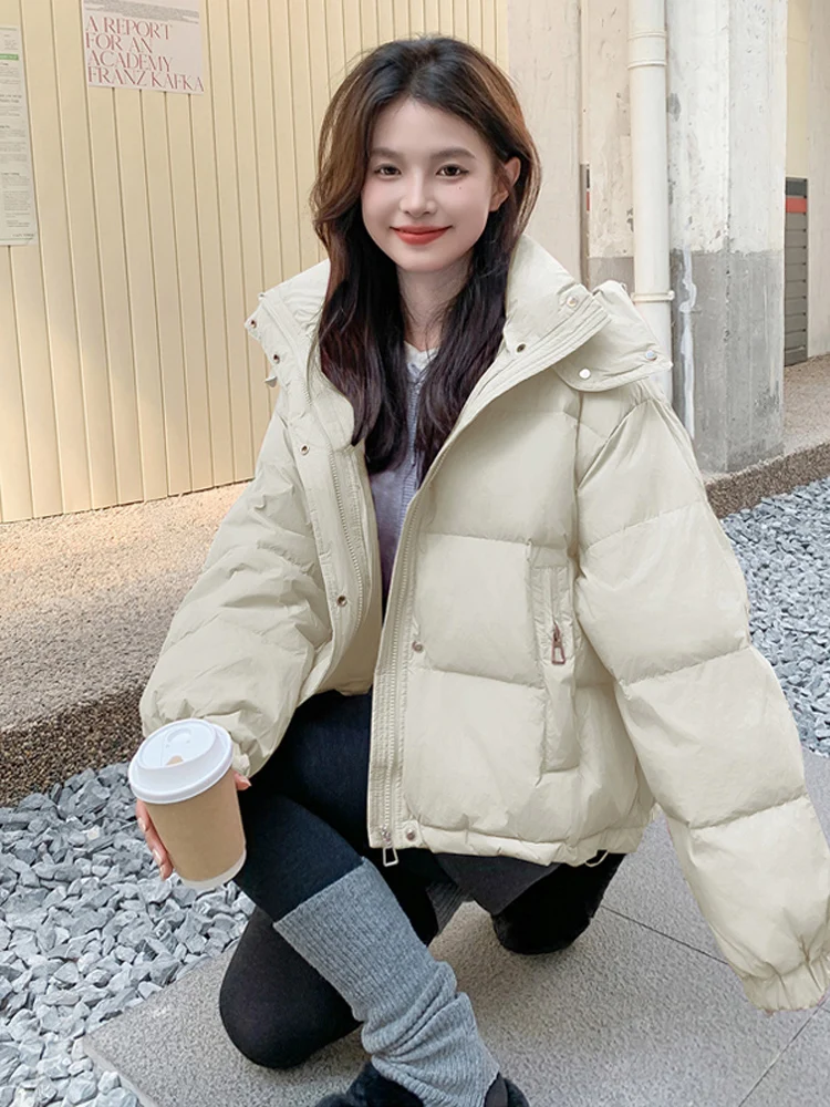 

Winter Thiened ort Cotton Jaet Women's Hooded Coat Korean Sle Straight Cut Long Sve Zipper Closure Pure Color Coat