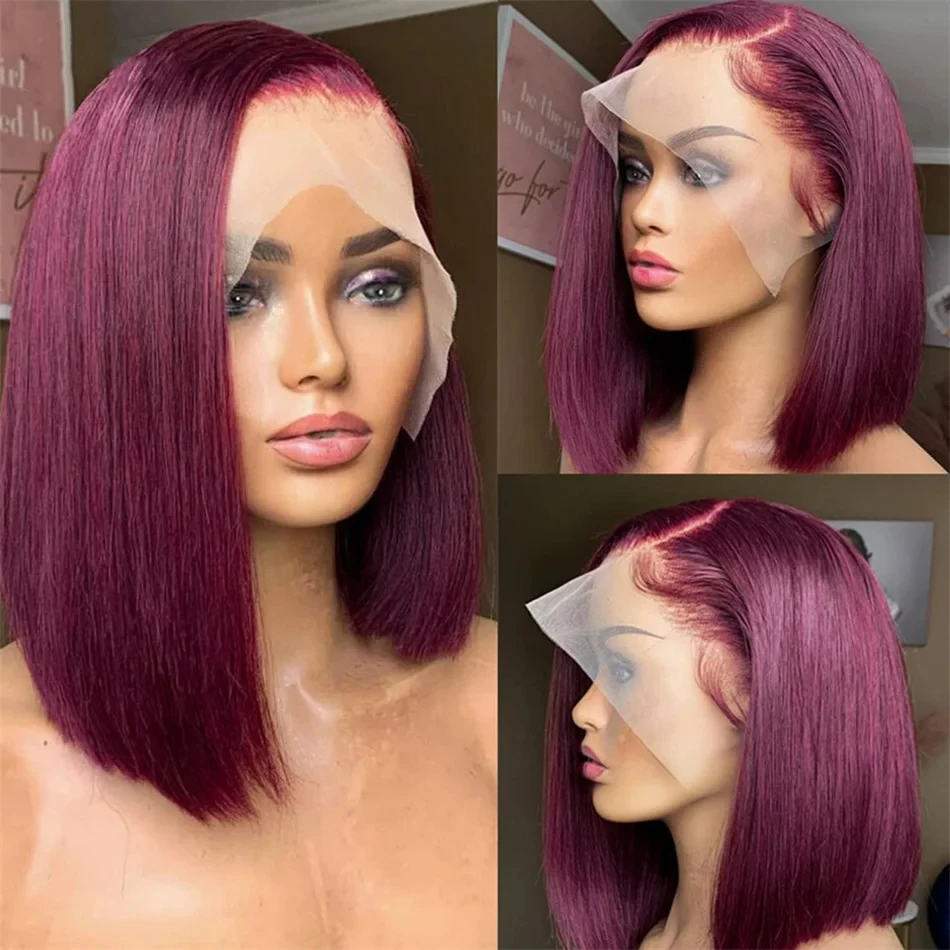 200% 13x6 Burgundy HD transparan rambut manusia Bob pendek Wig warna 99J tulang merah renda lurus Wig depan untuk wanita telah ditanami