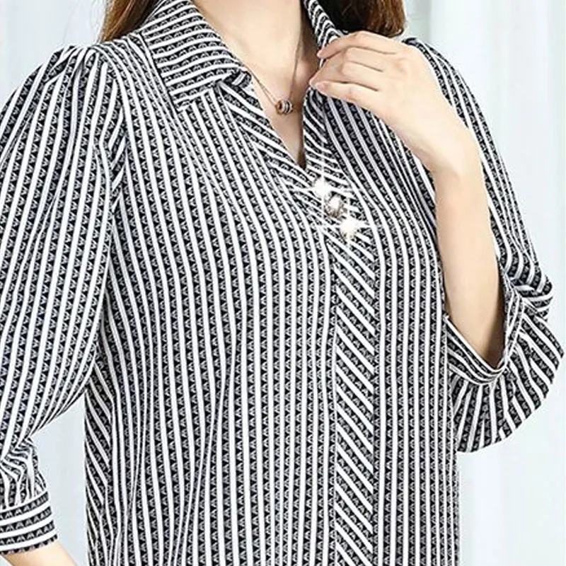 Female Clothing Commute Striped Shirt Casual Loose Fashion Turn-down Collar Chic Button Spring Summer 3/4 Sleeve Loose Blouse