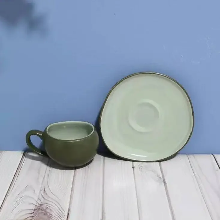 Ceramic Cup and Plate Set Delicate Elegant Green Americano Latte Small Cup Dish Holder Afternoon Tea Couple's Water Glasses