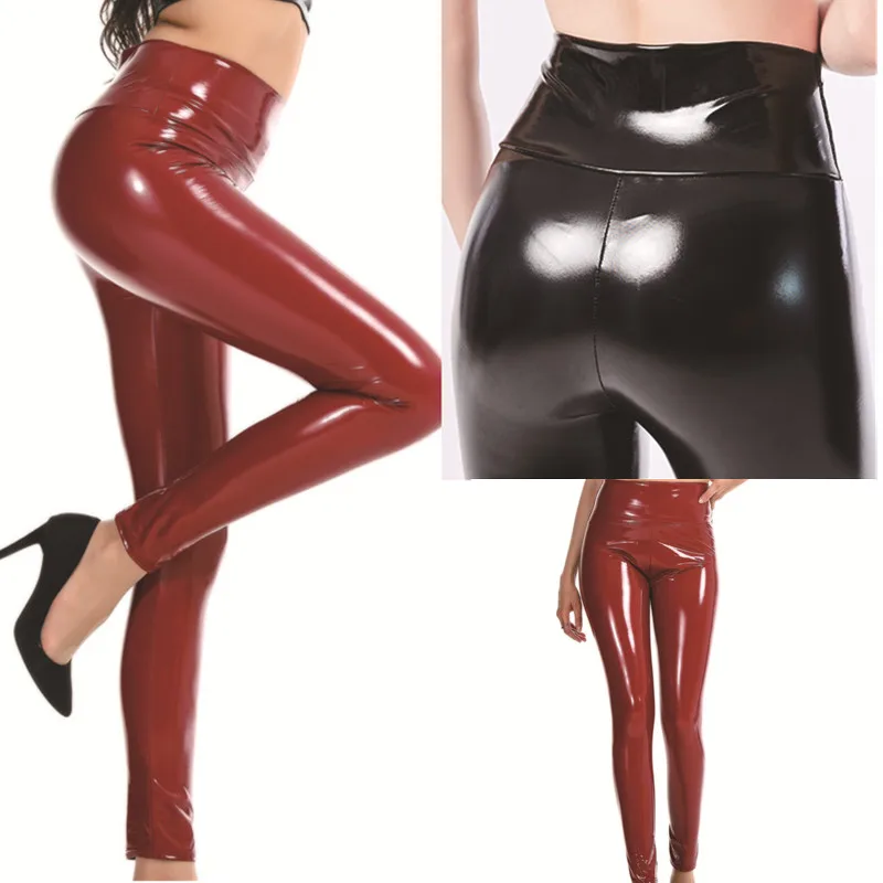 Sexy Bright PU Shiny Leather Pants Women High Waist Skinny Slim Leggings Pencil Jeggings Leather Stretchable Trousers Black Red