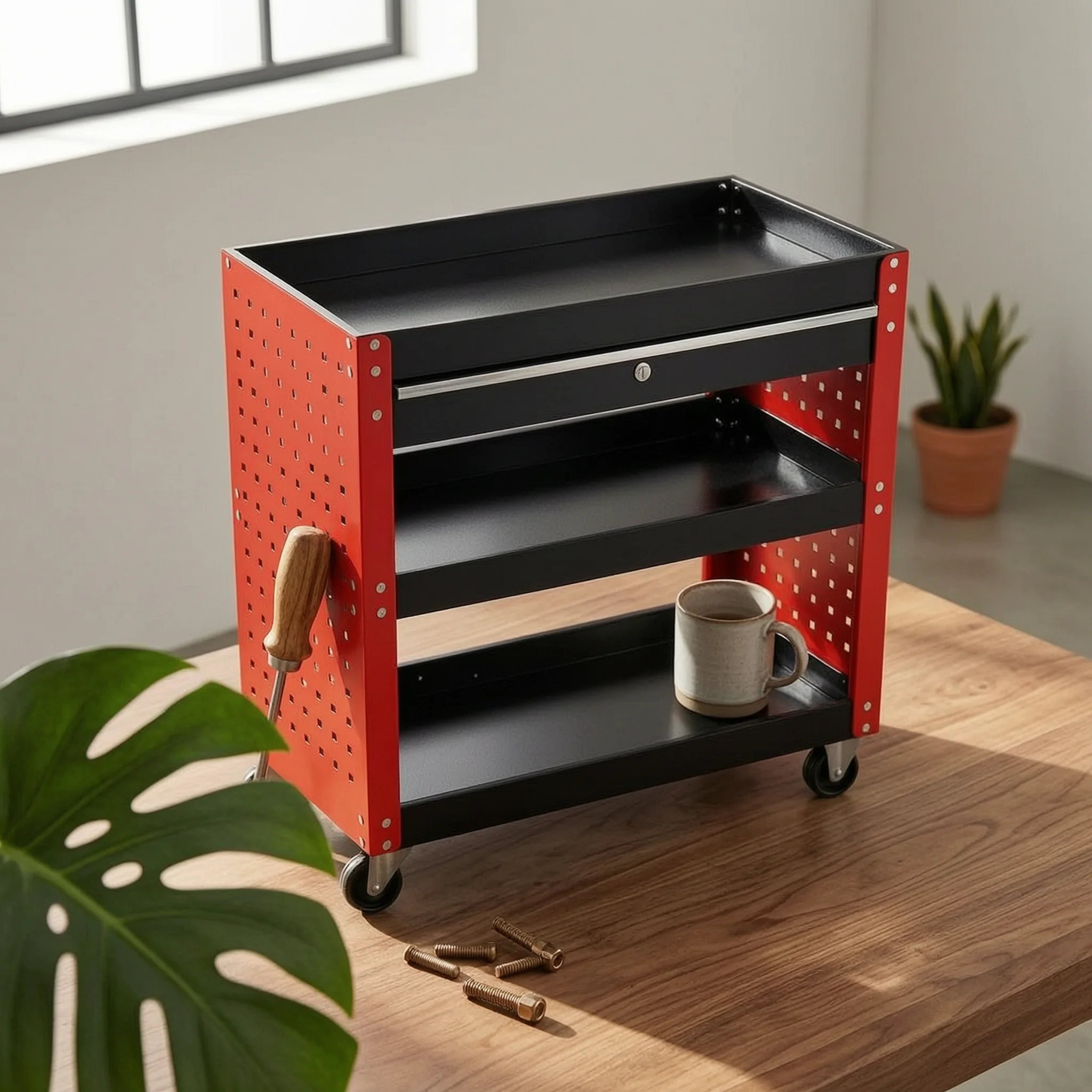 Rolling Metal Tool Cart Perforated Three-Tier Utility Cart Storage Furniture Side Handle Heavy Duty