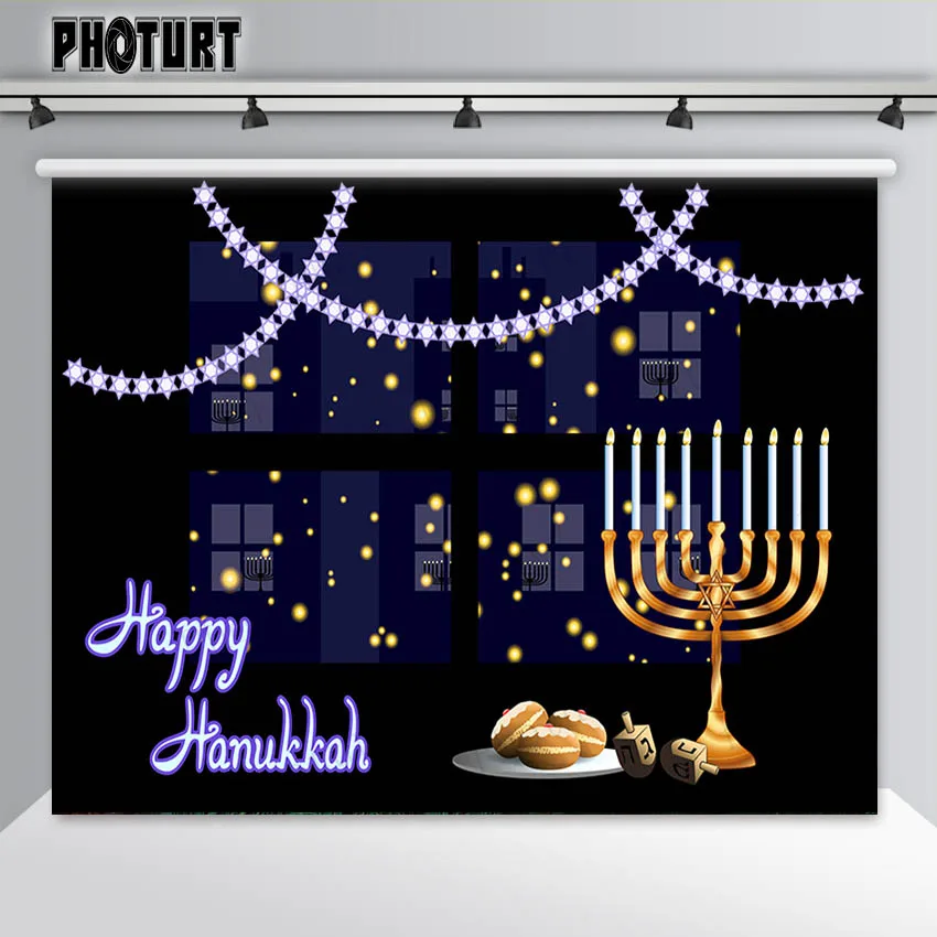 PHOTURT Happy Hanukkah Photography Backdrop Food Party Decoration Hogata Festival Jewish Holidays Candles Polyester Photo Studio