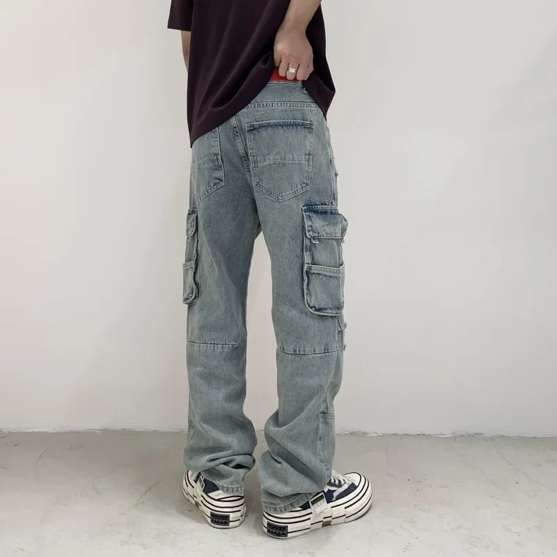 newy2k men's high-quality retro work pants with washed pockets and decorative water, nostalgic stretch slim fit, washed