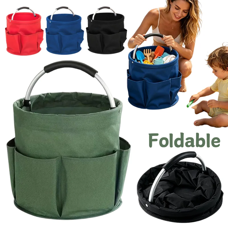 Large Capacity Multi Pocket Tool Bucket With Handle Foldable Outdoor Beach Storage Basket Portable Gardening Supply Organizer
