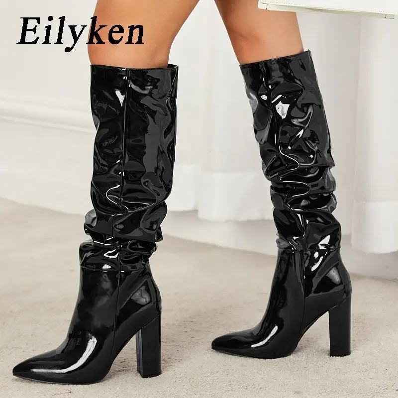 Eilyken Patent Leather Woman Knee-High Boot Fashion Sexy High Heels Long Booties Designer Pointed Toe Wedding Banquet Shoes