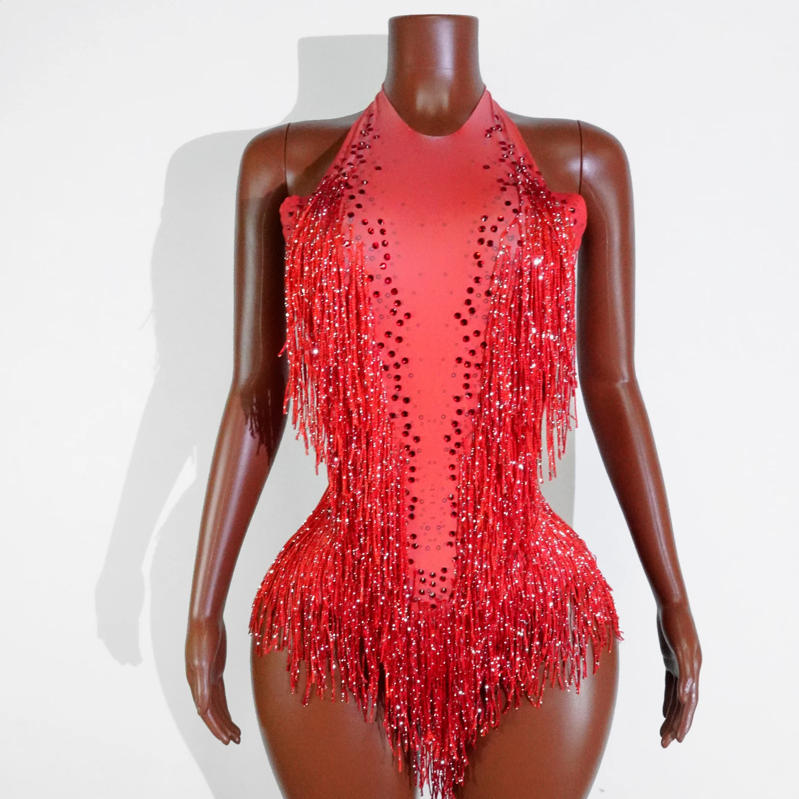 새로운 스타일 레이디 프린지 섹시하고 반짝 이는 라인 석 점프 슈트 여성 파티 바 나이트 클럽 여성 가수 공연 및 댄스 의상