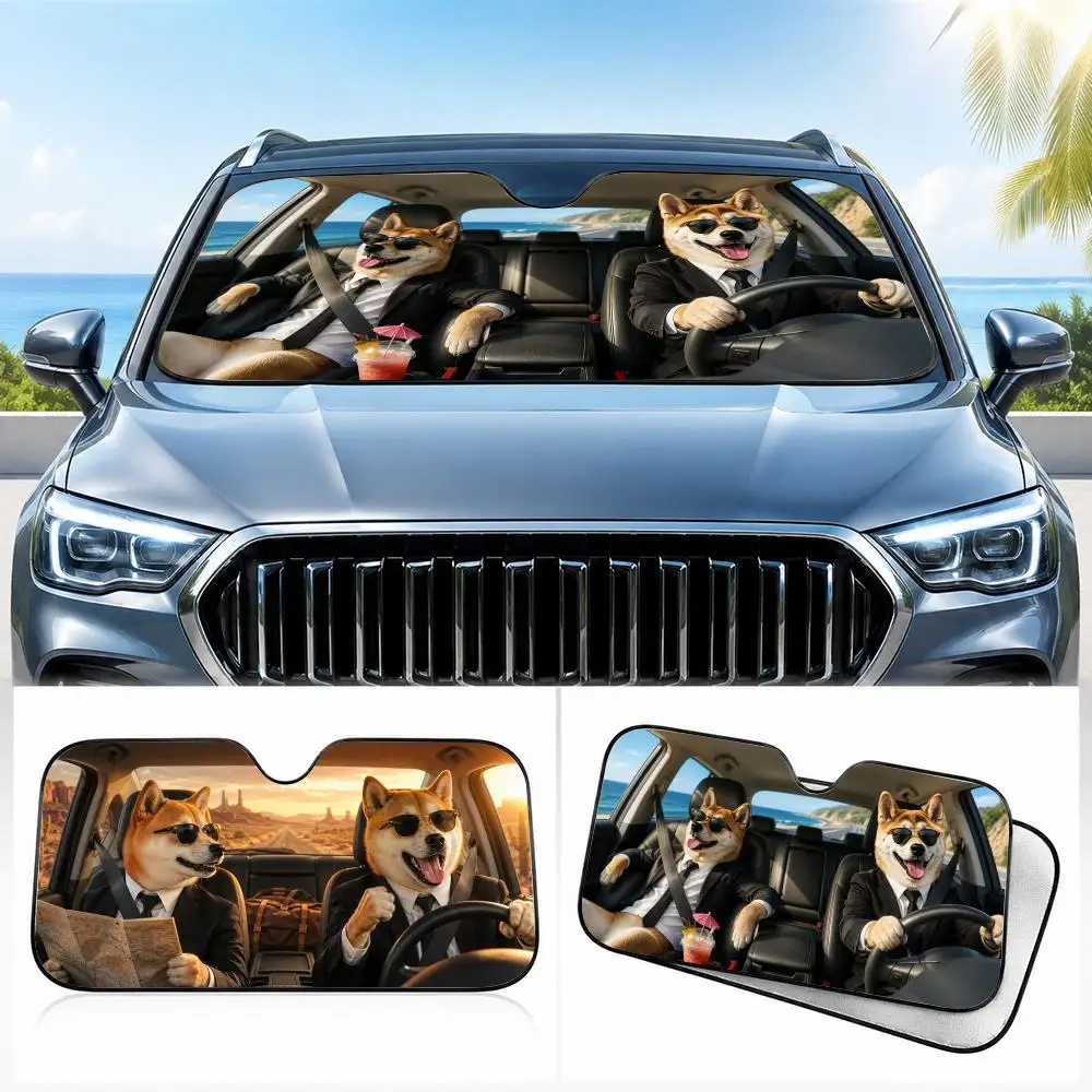 Shiba Inu in a Suit Sun Visor Car Front Window Front Window Protective Cover and Thickened Auto Sunshade Curtain