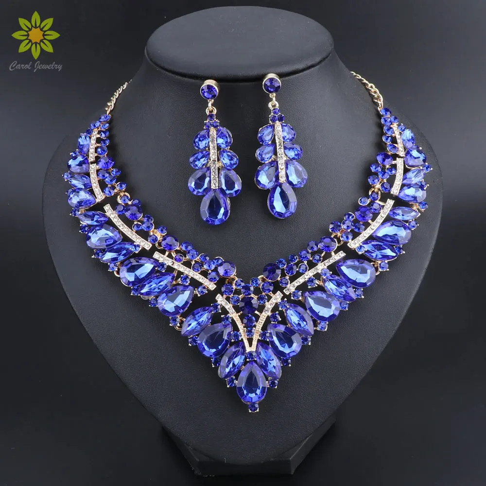 Fashion Indian Blue Rhinestone Wedding Jewelry Sets for Brides Bridal Necklace Earrings Set Party Costume Decoration for Women