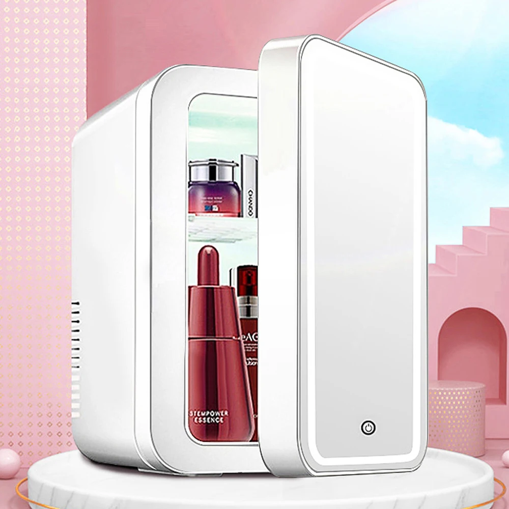 Mini refrigerador de maquillaje de 4L con espejo de luz LED, refrigerador portátil de almacenamiento de cosméticos, refrigerador fresco para el hogar y el coche de doble uso