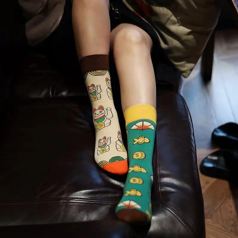 Women Men for Creative Novelty Funny Crew Socks Harajuku AB Asymmetric Colorful Cartoon Animal Print Cotton Mid Tube