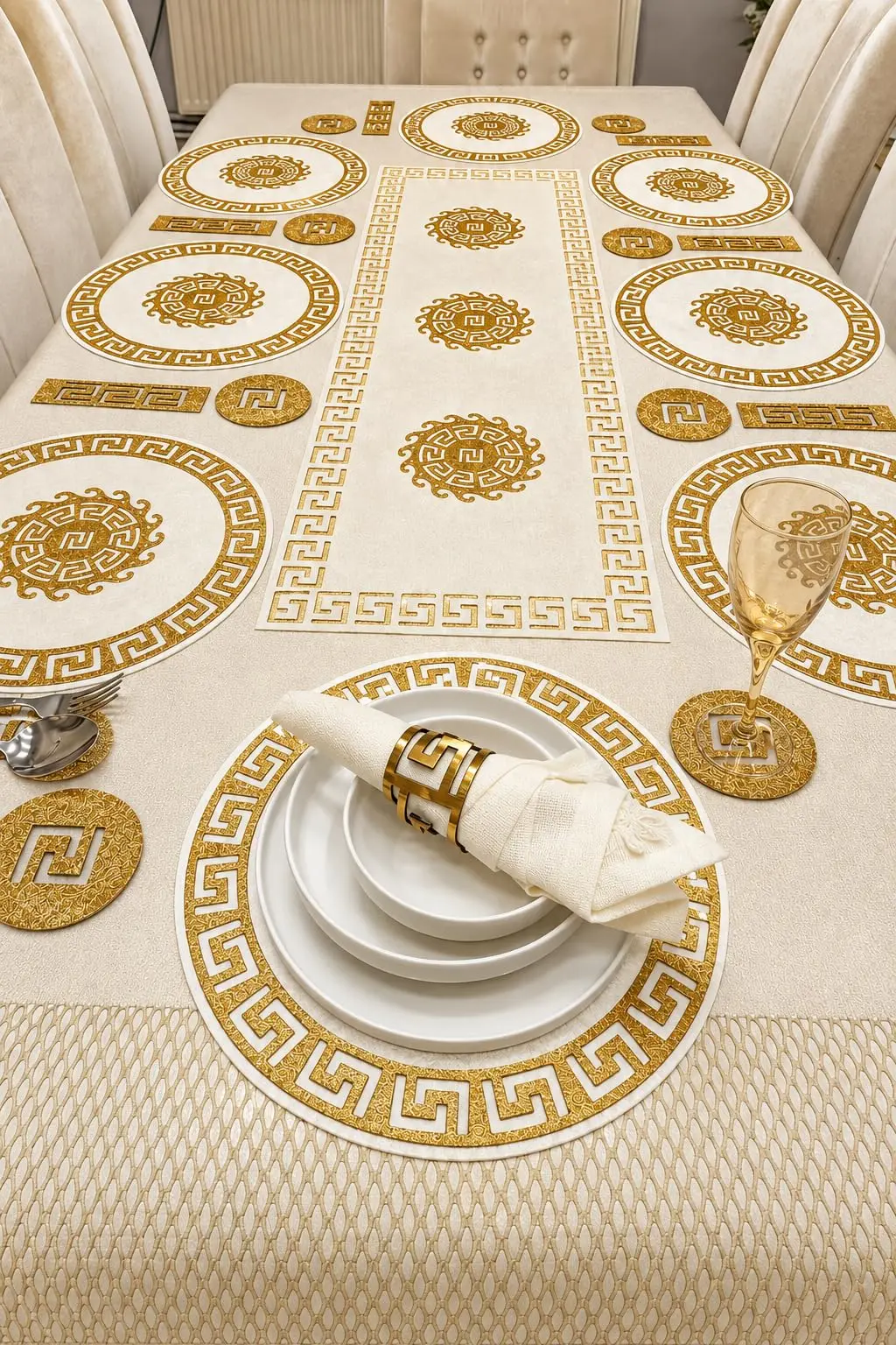 25-Piece Quality Velvet Dining Set for 8: 1 Runner, 8 Placemats, 8 Coasters, 8 Spoon Holders | Ecru & Gold | Modern &
